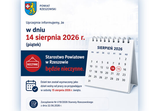 14 sierpnia 2026 r. - dniem wolnym w Starostwie Powiatowym w Rzeszowie